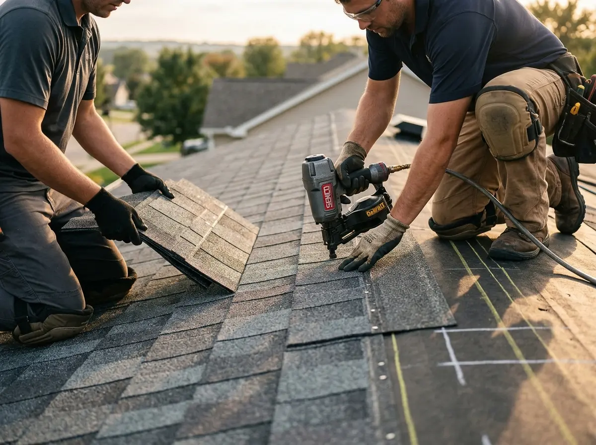 Professional roofer working on a residential roof in University Place